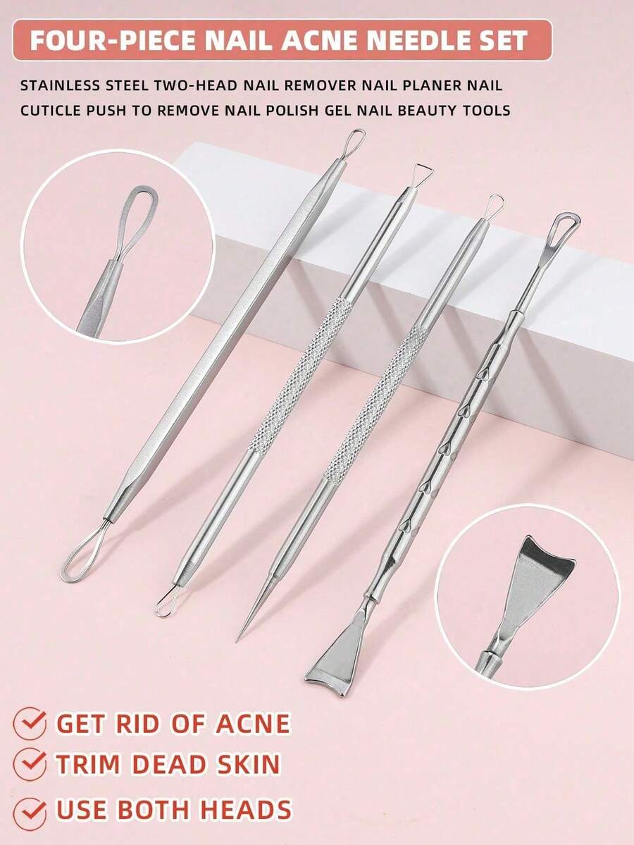 4pcs Stainless Steel Blackhead Removal Tool Set, Acne Extraction Kit, Blackhead & Whitehead Extractor, Suitable For Squeezing Whiteheads, Blackheads, Pimples And Facial Cleansing - Silver - View 1