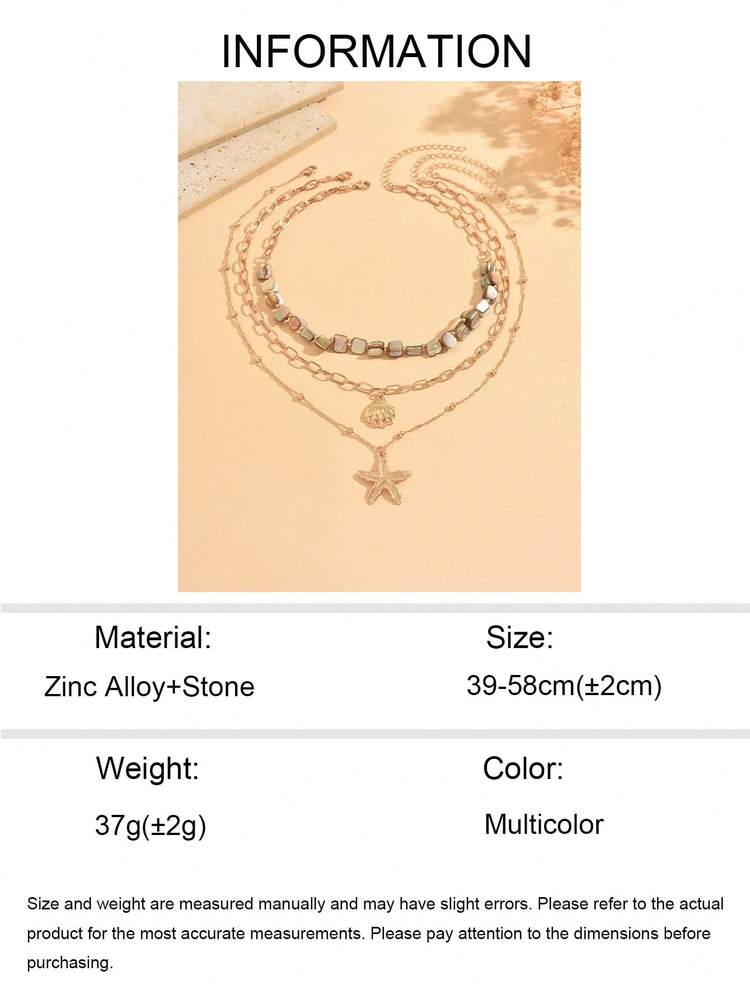 3pcs/Set Summer Beach Vacation Style Multi-Layer Necklace Set With Shell Slices, Beaded Starfish And Shell Pendant Decor, Fashionable Versatile Women's Neck Jewelry Suitable For Daily Wear And Beach Vacation Party, Shell Slice Size, Quantity And Color Shade Are Random And Not Fixed - Multicolor - View 5