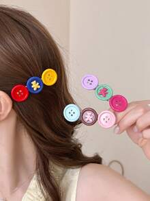 1pc Dopamine Colorful Button Hair Clip Women Bear Alligator Hair Clip New Side Bangs Hair Clip Versatile Hair Accessory - Multicolor - View 1