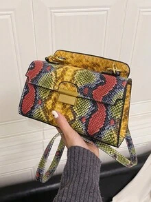 女款彩色蛇紋PU皮革小方包，金色五金，頂提手斜跨單肩包，適合派對與日常使用（附贈禮品袋） - 彩色 - 查看 7