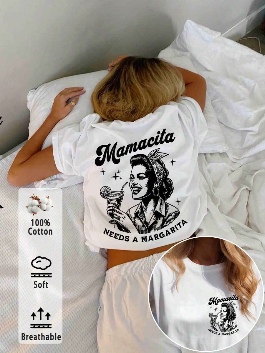 [Estivo] Top da donna primaverile in stile vintage con stampa su entrambi i lati "Mamacita Needs A Margarita", fascia per capelli e bicchiere di vino. Puro, maniche corte, scollo r - Bianco - Visualizzare 1