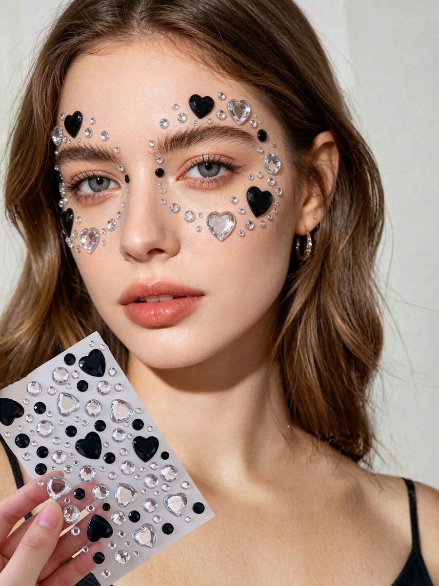 1 Set Heart-Shaped Rhinestone & Faux Pearl Decorative Stickers, Gemstone Luster Texture, High Transparency Clear Base, Removable Adhesive Backing, Suitable For Gift Boxes & Ornament Decoration, Luxurious Gemstone Style Decorative Accessories - 3D Heart Diamond - View 1