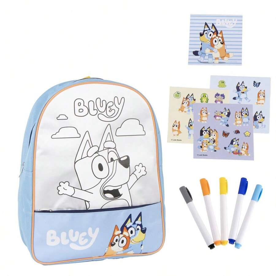 Cerdá Bluey And Gabby Dollhouse Coloring Backpack For Boys And Girls - One Size Children's Backpack 100% Polyester With Markers, Stickers And Notebook, Back To School Craft Set And Gift - Option 1 - View 1