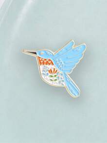 Broche Vintage Boho de Colibrí Esmaltado con Corazón Floral y Borde Dorado, Alfiler de Metal para Decoración de Bolso, Accesorio - Celeste - Ver 5