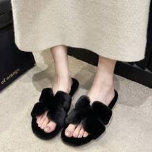 1 Pair Fuzzy Soft Slippers, Fluffy Warm Comfortable Open Toe House Shoes, Breathable Black Plush Fluffy Slippers, Lightweight Indoor/Outdoor Home Slippers For Winter Bedroom Floor - Black - View 7
