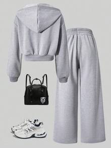 Teen Girl Knight Graphic Print Hoodie And Sweatpants Casual Set - Grey - View 2