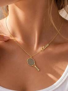 1Pc Custom Green Square Zirconia Name Necklace For Women Gold Color Stainless Steel Badminton Racket Necklace Birthday Party Jewelry Gift - Multicolor 1 - View 3