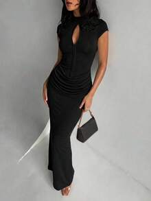 Elegant Women's Personalized Button-Down Floral Decor Slim Fit Sexy Stand Collar Short Sleeve Dress - Black - View 7