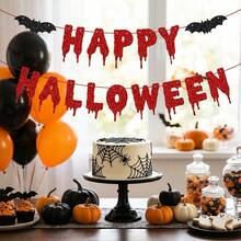 1 Set,Happy Halloween Blood Drip DIY String Banner, Red Glitter Dripping Letters Banner With Black Glitter Bat Ornaments, Halloween Spooky Bunting Garland Decorations For Wall, Mantel, Dessert Table, Indoor Outdoor Halloween Party Supplies - View 5