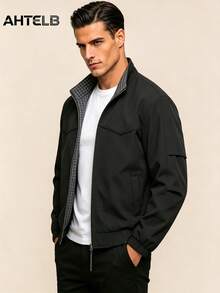 AHTELB Men's Spring/Autumn Stand Collar Jacket, Plaid Lining Multi-Pocket Long Sleeve Zipper Jacket, Ribbed Elastic Cuffs Loose Long Sleeve Top, Reversible, Suitable For Outdoor Sports, Daily Street Casual Wear, Gift For Husband, Boyfriend, Friend, Customer, Father, Spring Jacket, Men Jacket, Jacket For Men Men Jacket. - Black - View 3