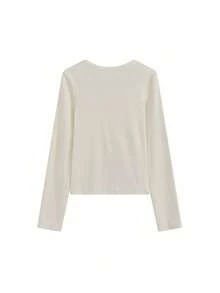 Spring Korean Style Low Round Neck Rivet Elegant Slimming Design Long Sleeve Base Layer T-Shirt Top - Apricot - View 7