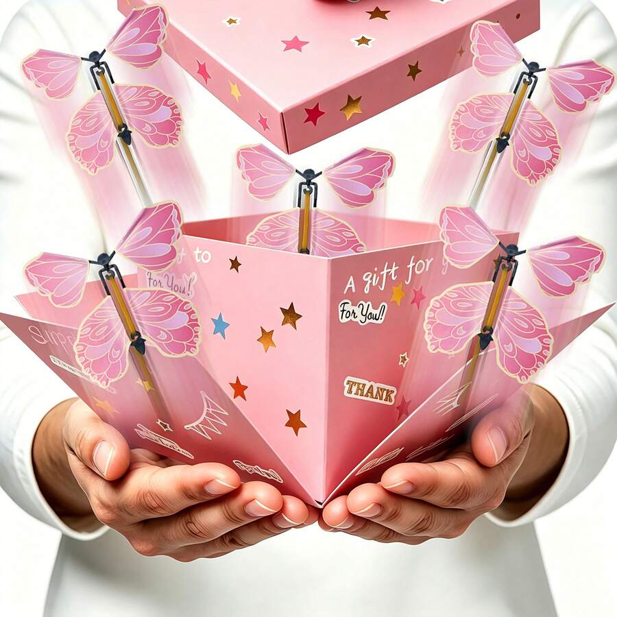 1pc Macaron Color Butterfly Explosion Surprise Box, Elegant Reusable Paper, Includes 1 Set Of Double Layer Box, 5 Butterflies, 1 Greeting Card, 2 Ribbons, 1 Pack Of Colored Pens, 2 DIY Stickers, 1 Pack Of Colorful Butterflies, Suitable For Any Age, Christmas, Birthday, Party, Graduation Ceremony, Birthday Party, Etc. - View 1