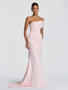 Elegant One-Shoulder Knitted Long Mermaid Dress, High Elasticity Sleeveless Evening Gown Wedding Party Fall - Baby Pink - View 5