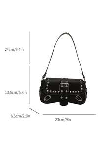 Solid Black Studded  Style Shoulder Bag, Front Buckle Flap Design Detachable Rivet Strap Fashion Night Out Bag - Black - View 5