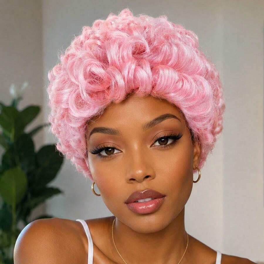 AMECIRE Pink Wig Pixie Cut Wig Human Hair Wigs Curly Wig Women's Short Hair Wig Fluffy Shape 4 Inches Elastic Mesh Cap Mechanical Manufacturing Suitable For Everyday Wear And Holidays