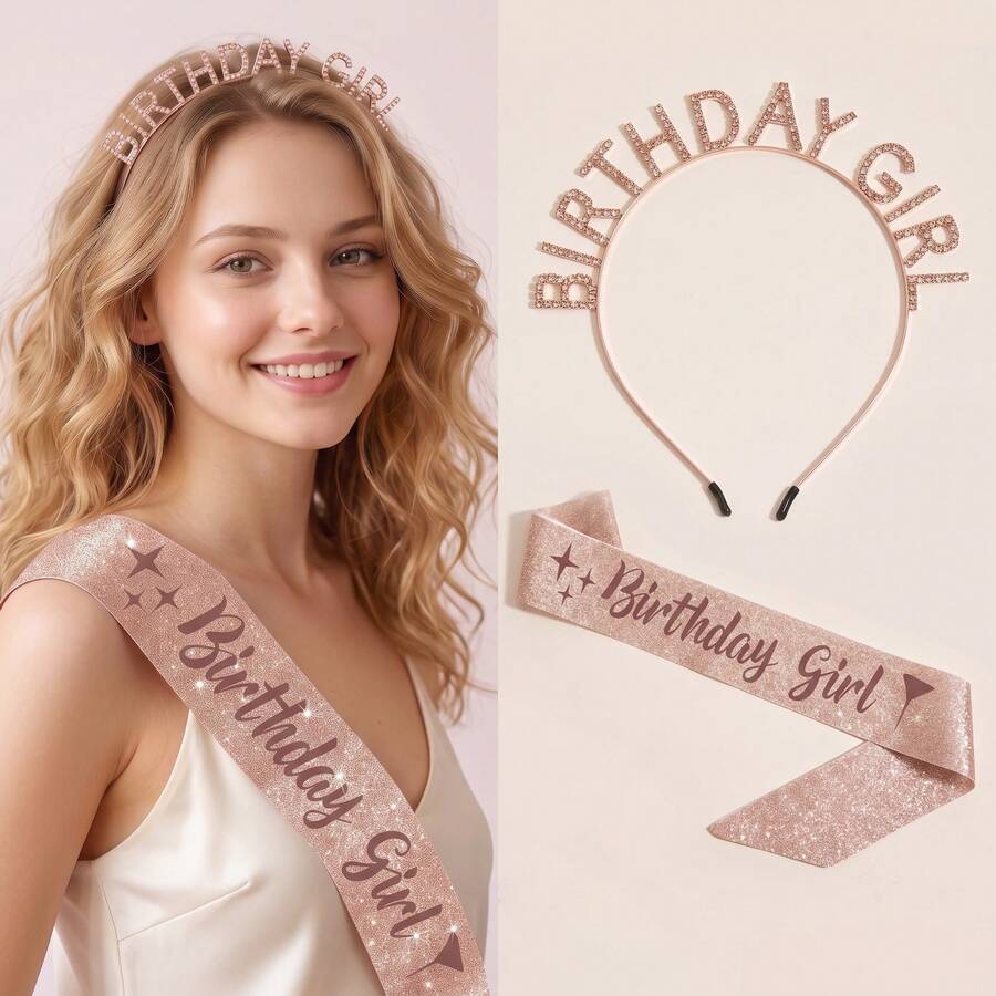 2Pcs Rose Gold Birthday Girl Rhinestone Tiara & Glitter Sash Set Women Princess Crown Headband Party Decorations Gift