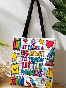 Teacher-Themed Printed Tote Bag-Large Capacity And Reusable; Suitable For Shopping, Commuting, Working On Campus, Outdoor Outings, And Classroom Use. - Multicolor - View 3