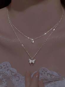 1pc S925 Sterling Silver Mori Style Fresh Double Layer Tassel Butterfly Pendant Necklace, Women's Minimalist Elegant Elegant Light Luxury High-End Personalized Exquisite Niche Fashion Versatile Neck Accessory, Valentine's Day Gift - Butterfly - View 8