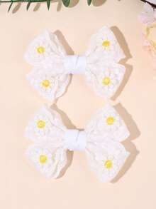 2pcs White Lace Hair Bows For Girls Embroidered Daisy Decor Ribbon Alligator Clip Sweet Casual Daily Hair Clips Teens Hair Accessories - Multicolor - View 8