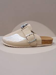 1 Pair Kids' Wing Embroidery + Rhinestone Rabbit Decor Buckle Beige Soft Bottom Non-Slip Round Toe Low-Top Metal Buckle Adjustable Strap Flat Sole Simple Casual Style Closed Toe Mule Slippers For Home / Short Trips / Casual Shopping - Beige - View 4