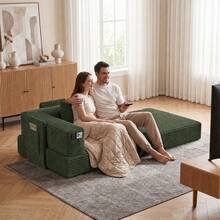 Sofá con cojín de compresión de 200 * 100 cm, sofá de suelo de baldosas de pana sin montaje con bolsillos de almacenamiento, sofá cama modular para salón o dormitorio. - Verde Oscuro - Ver 1