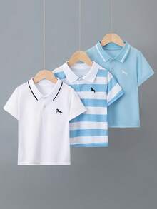 3pcs/Set Boys Summer Polo Shirts, Casual Versatile Thin Short Sleeve T-Shirts, Striped Print & Solid Color, Fits 4-12 Years Old - Multicolor - View 1