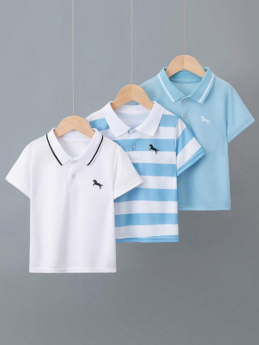 3pcs/Set Boys Summer Polo Shirts, Casual Versatile Thin Short Sleeve T-Shirts, Striped Print & Solid Color, Fits 4-12 Years Old - Multicolor - View 1