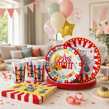 Set de vajilla de fiesta de 100 piezas con motivo de mono de circo, platos de cartón, vasos de cartón, servilletas de papel, vajilla desechable para cumpleaños, fiestas temáticas, reuniones familiares, fiestas en el jardín, buffet, fiestas de verano, picnic, - B - Ver 1