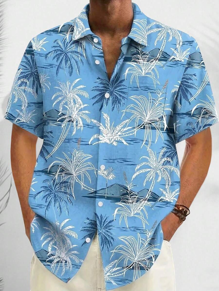 Hawaiian Coconut Tree Print Button-Down Short Sleeve Shirt, Plus Size Men - Baby Blue - View 1