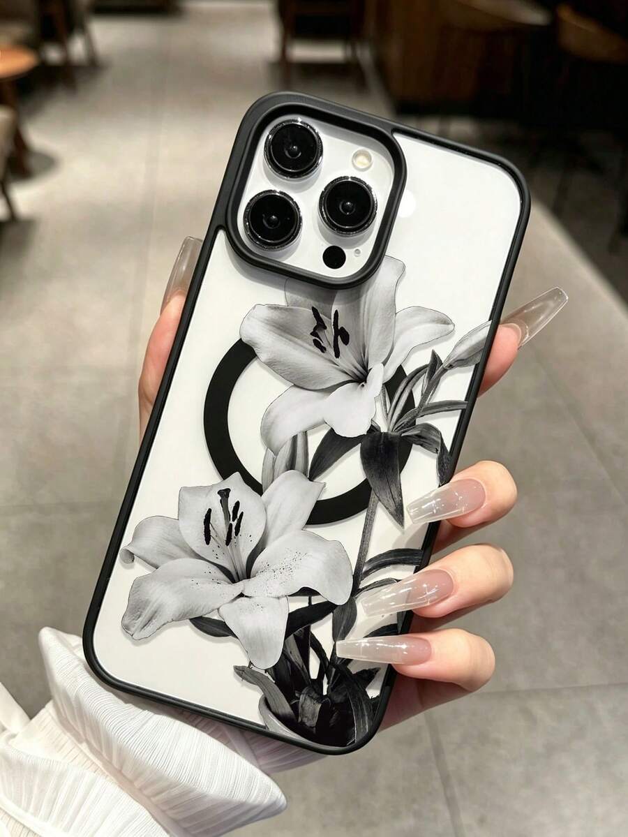 極簡時尚 MagSafe 手機殼,黑色百合花卉圖案,相容 iPhone 17、17 Air、17 Pro、17 Pro Max、16、15、14 Pro Max、13、12、11,防震防摔全包覆手機殼,具磁吸保護與耐用美感 - 黑色 - 查看 1
