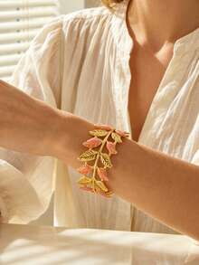 VceTd 1pc Romantic Style Colorful Enamel Leaf Design Stainless Steel Open Bangle Bracelet For Women, Suitable For Weddings, Travel, Or As A Valentine's Day Gift For Your Loved One - Yellow Gold - View 3