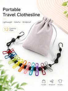 Portable Travel Clothesline With 12 Clips, Retractable Windproof Non-Slip Laundry Rope, Lightweight Drying Line For Socks, Underwear, Towels, Suitable For Camping, Hotel, Bathroom, Dorm, Balcony, Essential Travel Laundry Accessory With Storage Bag - Multicolor - View 7