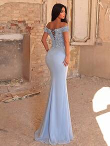 Faeriesty Elegant Women's Off-Shoulder Long Chiffon Dress, Decorated With Floral Sequins Party Wedding - Baby Blue - View 2
