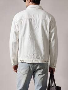 Men's Pure White Turn-Down Collar Pocket Denim Jacket Basic Casual Denim Outerwear - White - View 3