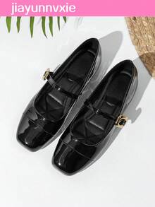JiaYunNvXie Vintage Mary Jane Buckle Granny Shoes Plus Size Uniform Flat Shoes - Black - View 3