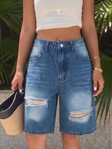 Women's Vintage Cat Whisker Distressed Ripped Denim Bermuda Shorts, Mid-Waist Loose Straight Leg, American Street Style Versatile Bottoms - Medium Wash - View 5