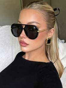 1 Pair Vintage Aviator Fashion Glasses, Suitable For Outdoor Travel And Personalized Photography, Applicable For Parties, Business Casual, Beach Vacation, Back To School, Collegiate Style And Campus Style, Also Can Be Used As Seasonal Outfit Accessory - black gray - View 2