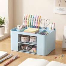1 pieza Organizador de escritorio con cajón - Caja de almacenamiento de artículos de papelería, soporte de plástico para lápices y accesorios, organizador de suministros de oficina con múltiples compartimentos, soporte para bolígrafos, organizador de maquillaje - Rosa - Ver 10