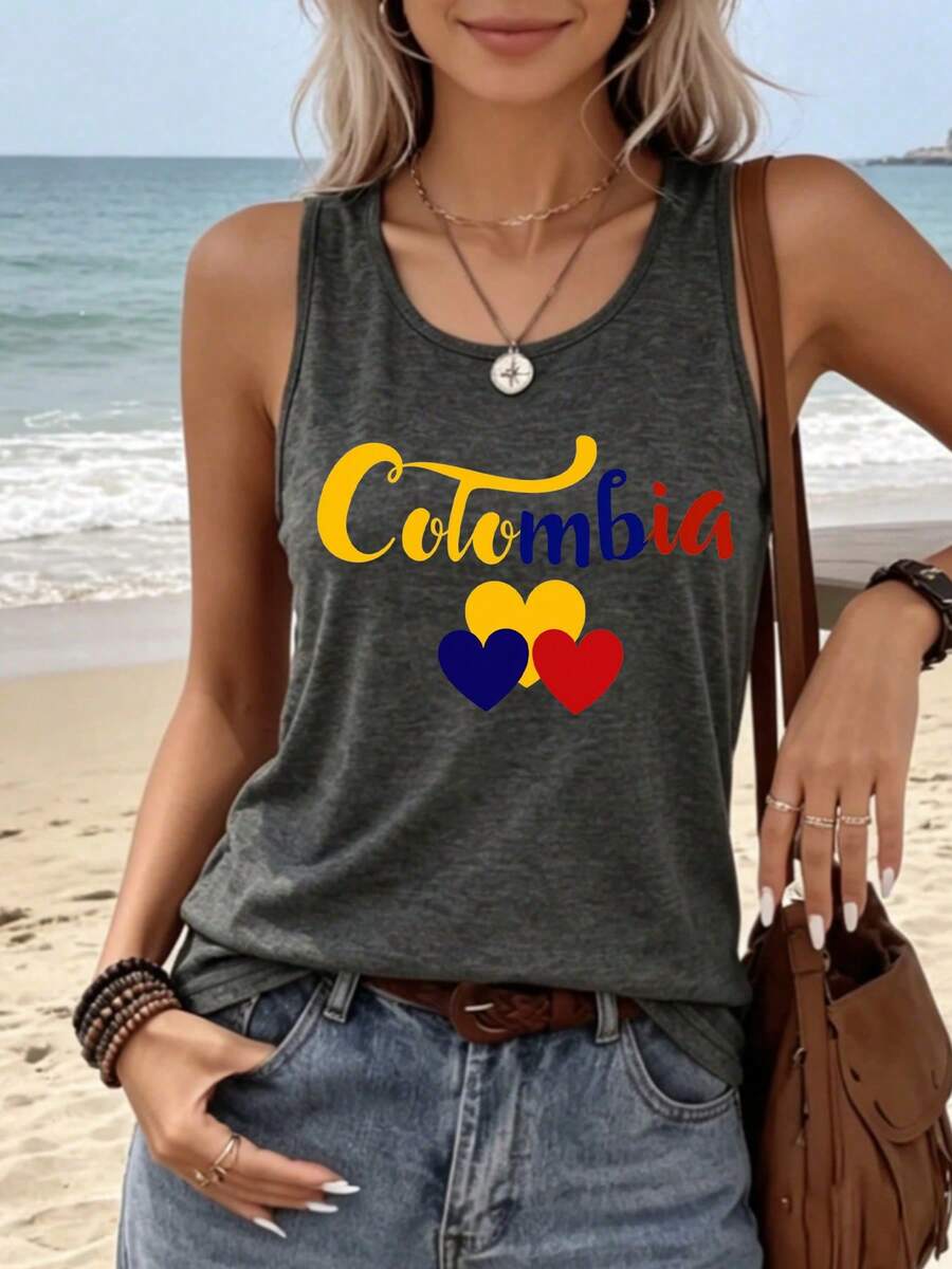 Bestseller Colombian Pride Flag Color Heart Patriotic Graphic Women's Tank Top, For Colombia Expat National Day Outfit Summer Daily Shopping - Grey - View 1