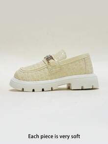 Girls' Rhinestone Metal Chain Embossed Textured Non-Slip Square Toe Slip-On Thick Sole Platform Loafers, School Student Birthday Party British Academy Style Fashion Shoes - Apricot - View 2