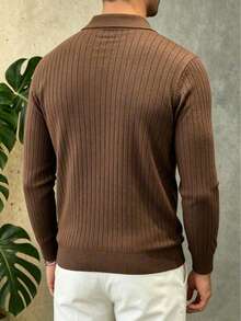 Men's Casual Minimalist Commute Knit Long Sleeve Polo Shirt - Everyday Wear - Brown - View 8