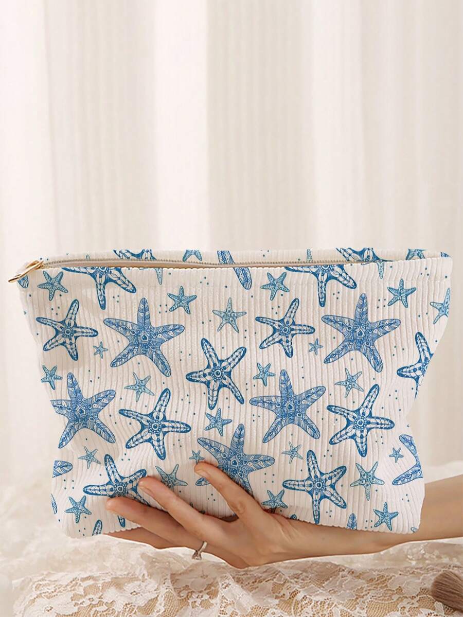 1 pieza Bolsa de almacenamiento de cosméticos portátil, patrón de serie de océano con concha y estrella de mar, impresión de doble cara, bolsa de maquillaje con cremallera para viajes, bolsa de almacenamiento de artículos de tocador multifuncional - Multicolor - Ver 1