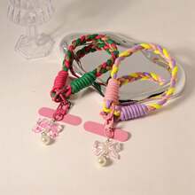 Bowknot Pearl Pendant Wrist Strap, Durable, Color-Blocked, Short Style, Unisex, Colorful Phone Woven Lanyard, Universal Pendant Chain, Short Cord, Sturdy, Perfect For Travel, Anti-Lost Gadget, Frees Your Hands - Multicolor - View 4