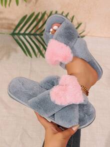 Ins Soft Style Cross Strap Heart Slippers Sweet Indoor Warm Fuzzy Slides - Grey - View 2