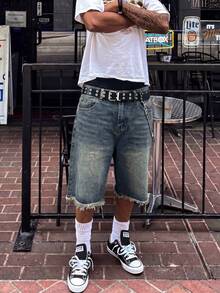 Men's Summer Vintage Distressed Frayed Denim Shorts, Loose Straight Leg Streetwear VersatileBermuda Shorts - Medium Wash - View 1