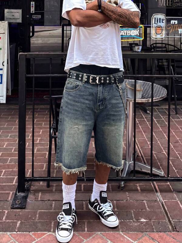 Quần short denim nam mùa hè phong cách vintage mài rách sờn, ống suông rộng, kiểu streetwear đa năng dáng Bermuda