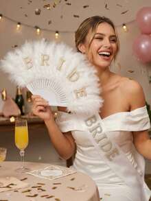 2 pièces/Set - Éventail de mariée en plumes & Ensemble de ceinture de taille, Éventail à main blanc moelleux avec lettre "Mariée" en perles, Fête de demoiselle d'honneur de mariage, Fête de douche nuptiale, Photographie de mariage, Accessoires de mariée de mariage, Décoration de fête de mariée, Accessoires de robe de mariée, Décoration d'accueil de mariage - Blanc - Voir 4