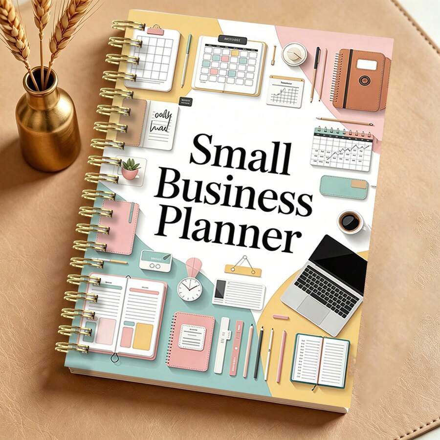 1pc A5 Small Business Planner Notebook, Spiral Bound, Macaron Collage Office Supplies Doodle Print Diary, Black Coil Soft Cover, Income & Expense Tracking Record Book, Suitable For Small Shop Owners And Female Entrepreneurs - QY-12 - View 1