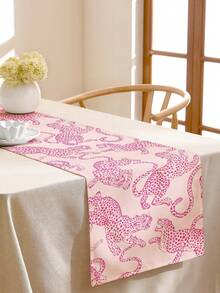 1pc Vintage Pink Line Drawing Leopard Pattern Printed Linen Table Runner, Placemat, Suitable For Holiday, Party, Birthday, Dinner, Kitchen Dining Table Decoration, Shoe Cabinet Storage Cabinet Cover, All Season Room Decor, Home Textile Decoration Table Runner, Placemat - Multicolor - View 7