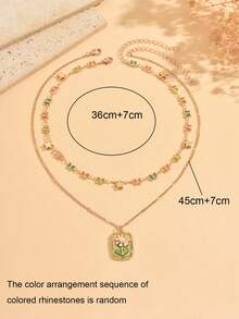 2pcs/Set Exquisite Elegant Colorful Butterfly Rhinestone Neck Chain Layered Square Flower Pendant Necklace Sweet Daily Women's Neck Jewelry Suitable For Daily Wear And Vacation Date Chain Length Cut By Section Randomly Colored Rhinestone Color Arrangement Also Random - Multicolor - View 4